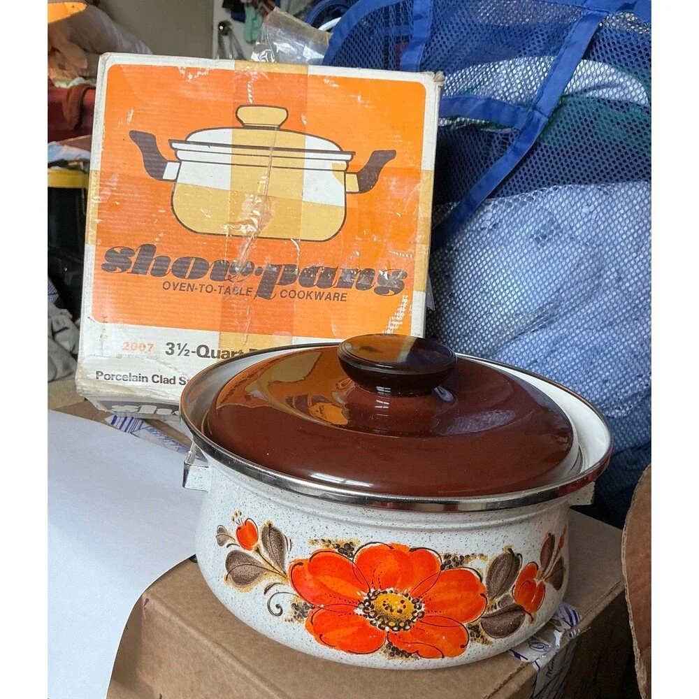 Vintage Show-Pans 3.5-Quart Porcelain Clad Steel Dutch Oven w/Lid+Original Box